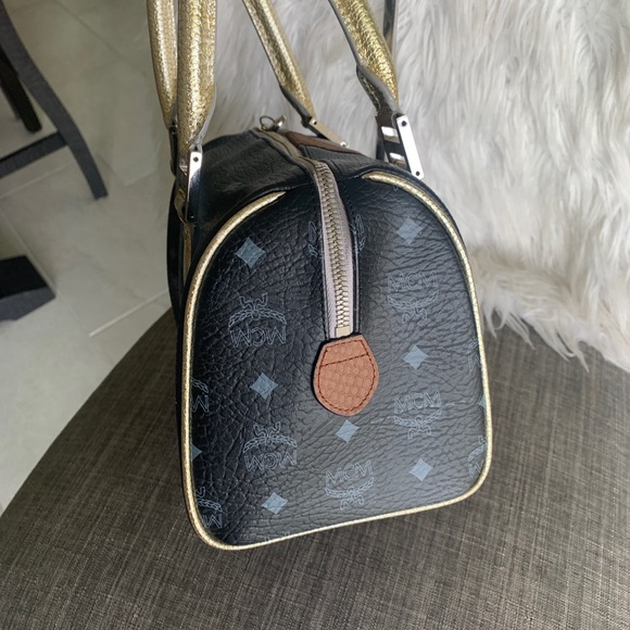 MCM Black Logo Leather Satchel with Gold Handles and Pink, Tan, Cream Panels - Picture 6 of 12